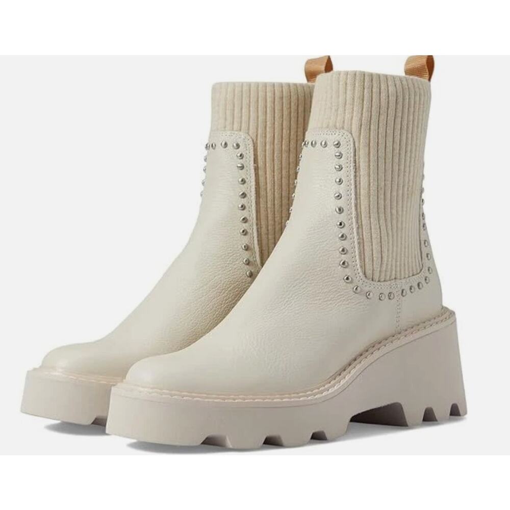 Dolce Vita Hoven Stud H2O Boots 10 White Leather Ankle Booties Chelsea Heel Lug